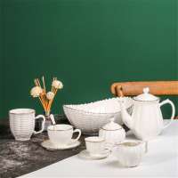 Wholesale british style modern design fine bone china embossed pattern white porcelain tea set