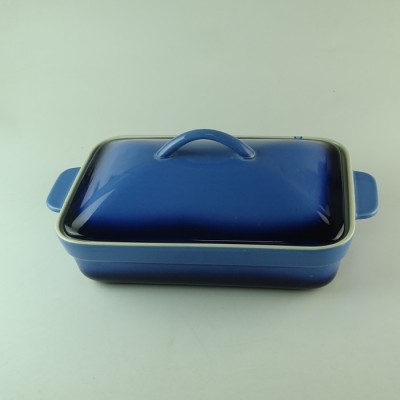 Wholesale blue color glazed stoneware rectangular nonstick bakeware set ceramic bakeware with lid cover handle