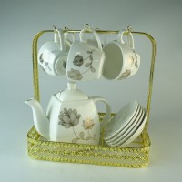 Golden printing porcelain tea set with cup and saucer square shape