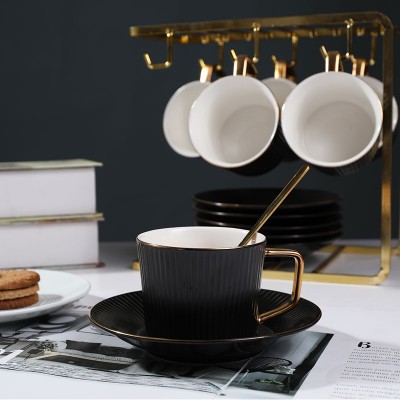 Luxury Black Gold Handle Mugs With Iron Rack Nordic Style Ceramic Mug Wedding Ceramic Tea Set Cup With Saucer