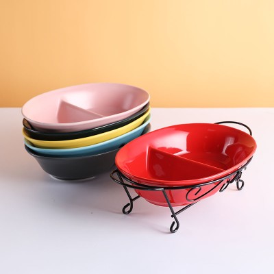 Unique Design 2/3 Compartment Snack Serving Dishes Restaurant Used Divided Plate Plates Dishes With Iron Frame