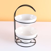 2 Tier Fruit Dessert Candy Snack Serving Bowl Ceramic Snack Bowl Set With Iron Rack Deep Salad Bowls